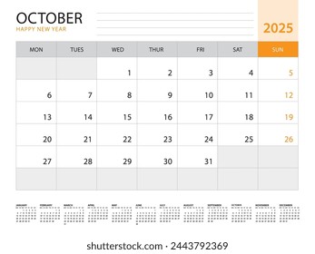 Calendar 2025 template vector on orange background, October 2025, week start on monday, Desk calendar 2025 year, Wall calendar design, corporate planner template, Stationery, organizer diary, vector
