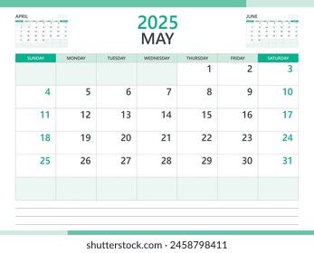 Calendar 2025 template vector on green background, June 2025 template, Planner, week start on Sunday,  Desk calendar 2025 design, minimal wall calendar, Corporate planner template vector