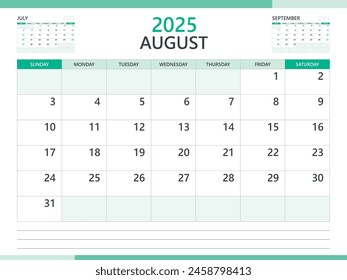 Calendar 2025 template vector on green background, August 2025 template, Planner, week start on Sunday,  Desk calendar 2025 design, minimal wall calendar, Corporate planner template vector