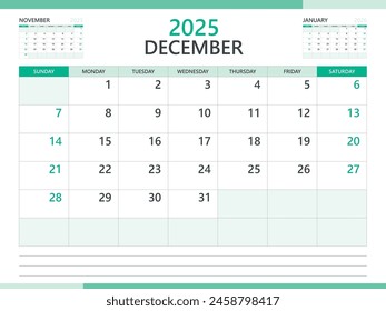Calendar 2025 template vector on green background, December 2025 template, Planner, week start on Sunday,  Desk calendar 2025 design, minimal wall calendar, Corporate planner template vector