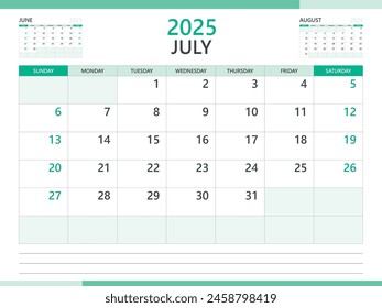 Calendario 2025 Vector de Plantilla sobre fondo verde, Plantilla de julio de 2025, Planificador, inicio de la semana el domingo, Calendario de escritorio 2025 diseño, calendario de pared mínima, planificador Corporativa Vector de Plantilla