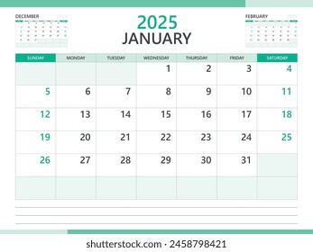 Calendar 2025 template vector on green background, January 2025 template, Planner, week start on Sunday,  Desk calendar 2025 design, minimal wall calendar, Corporate planner template vector