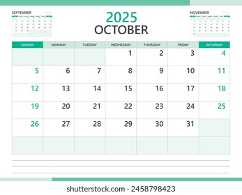 Calendar 2025 template vector on green background, October 2025 template, Planner, week start on Sunday,  Desk calendar 2025 design, minimal wall calendar, Corporate planner template vector