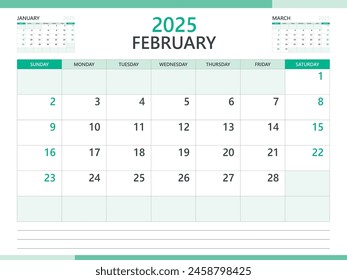 Calendario 2025 Vector de Plantilla sobre fondo verde, Plantilla de febrero de 2025, Planificador, inicio de la semana el domingo, Calendario de escritorio 2025 diseño, calendario de pared mínima, planificador Corporativa Vector de Plantilla