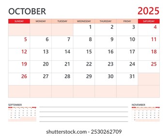 Calendário 2025 vetor modelo em fundo vermelho, outubro 2025 modelo, Planejador, início da semana no domingo, Calendário de mesa 2025 projeto, calendário de parede mínima, Vetor de modelo de planejador corporativo