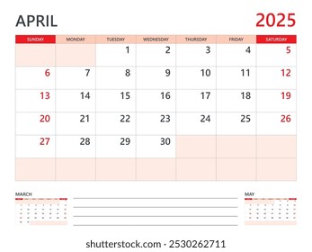 Calendario 2025 Vector de Plantilla sobre fondo rojo, Plantilla de abril de 2025, Planificador, inicio de semana el domingo, Diseño de calendario de escritorio 2025, calendario de pared mínimo, Vector de Plantilla de planificador Corporativa