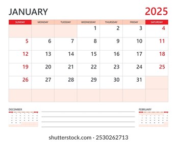 Calendario 2025 Vector de Plantilla sobre fondo rojo, Plantilla de enero de 2025, Planificador, inicio de semana el domingo, Diseño de calendario de escritorio 2025, calendario de pared mínimo, Vector de Plantilla de planificador Corporativa