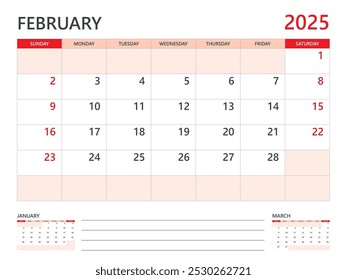 Calendario 2025 Vector de Plantilla sobre fondo rojo, Plantilla de febrero de 2025, Planificador, inicio de semana el domingo, Diseño de calendario de escritorio 2025, calendario de pared mínimo, Vector de Plantilla de planificador Corporativa