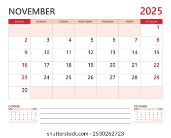 Calendario 2025 Vector de Plantilla sobre fondo rojo, Plantilla de noviembre de 2025, Planificador, inicio de semana el domingo, Diseño de calendario de escritorio 2025, calendario de pared mínimo, Vector de Plantilla de planificador Corporativa
