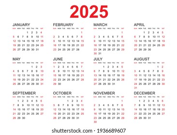 Calendar 2025 Template Vector Simple Minimal Stock Vector (Royalty Free ...