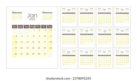 Calendar 2025 template vertical. Week starts on Sunday. With previous and next month miniature. Vector design.
