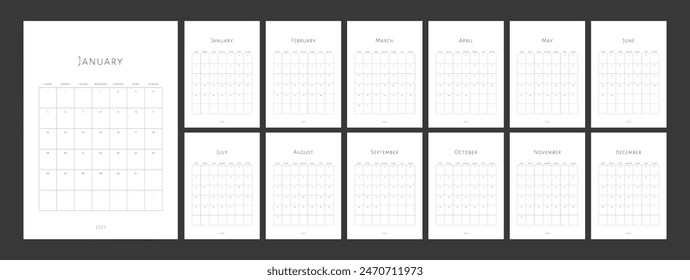 Calendario 2025. Plantilla Calendario 2025 para uso en pared y mesa. Conjunto de diseños A4 de Vertical mensual listos para imprimir. Calendario 2025 moderno.	
