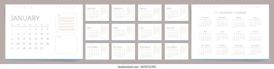 Calendar 2025. Calendar template 2025 for wall and desk use. Set of ready to print monthly designs with to do list and notes. Business minimal modern 2025 calendar.