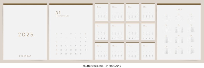 Calendar 2025. Calendar template 2025 for wall and desk use. Set of ready to print monthly vertical A4 designs. Elegant minimal modern 2025 calendar.