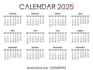 Calendar 2025 template, сalendar 2025 week start Munday, corporate vector design,for the office.