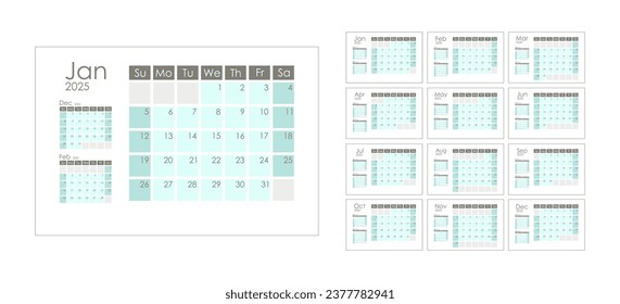 Plantilla de Calendario 2025.  La semana comienza el domingo. Con miniatura del mes anterior y siguiente. Diseño gráfico. Ilustración vectorial.