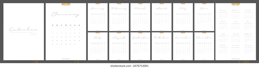 Calendar 2025 template. Week starts Sunday. Elegant Aesthetic Design Template Vector Set of 12 monthly pages.