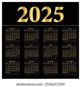 Calendar 2025, Calendar  template for 2025 year. Wall calendar in a gold  minimalist style. Week Starts on Monday.