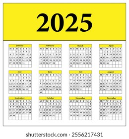 Calendar 2025, Calendar  template for 2025 year. Wall calendar in a minimalist style. Week Starts on Monday.