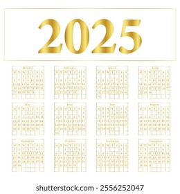 Calendar 2025, Calendar  template for 2025 year. Wall calendar in a gold and white minimalist style. Week Starts on Monday.