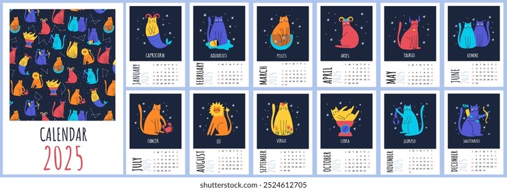 Calendario 2025 Plantilla con lindos gatos del zodiaco. Vertical mensual con Ilustraciones vectoriales de doce símbolos zodiacales. Signo de astrología. Plantilla de página A4, conjunto de 12 meses con portada La semana comienza el domingo