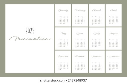 Calendar 2025 Trendy Minimalist Style. Set of 12 pages desk calendar. 2025 minimal calendar planner design for printing template. vector illustration	