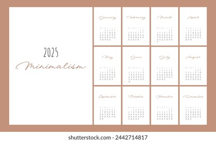 Calendar 2025 Trendy Minimalist Style. Set of 12 pages desk calendar. 2025 minimal calendar planner design for printing template. vector illustration	