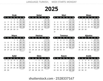 Calendario 2025 turco. Ilustración vectorial imprimible para Turquía en colores oscuros