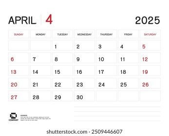 Calendário 2025 Vetor- abril 2025 ano modelo de planejador, Calendário de Mesa 2025 Design, Semana Começar no domingo, Planejador, Papelaria, Mídia de impressão, anúncio, modelo de negócios