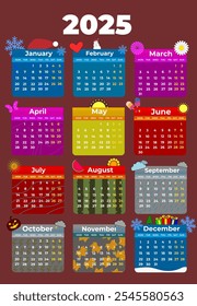 Calendario 2025 Vector
Calendario hermoso con detalles Pequeños para cada mes
Calendario estilizado con iconos, pegatinas