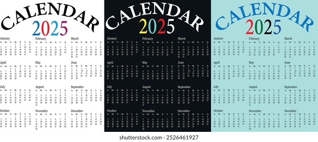 Calendar 2025 Vector Design. 2025 Calendar Template and Images. Colorful Calendar 2025. Monthly Calendar. Daily Planner