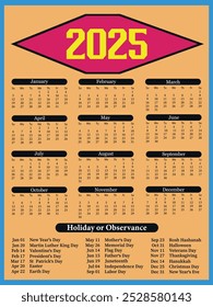 Calendario 2025 Diseño de Vector. Plantilla y Imágenes del Calendario 2025. Calendario 2025 con feriados 