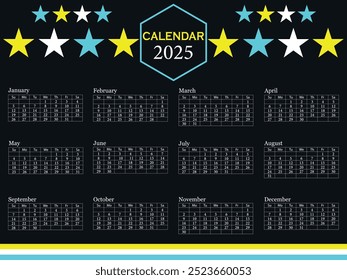 Calendar 2025 Vector Design. Wall Calendar 2025. 2025 yearly wall Calendar.