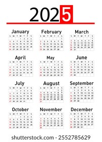 Calendar for 2025 vector illustration