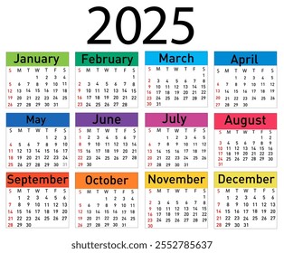 Calendar for 2025 vector illustration