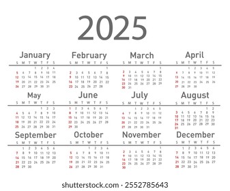 Kalender für 2025, Vektorgrafik