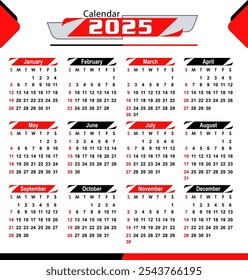 Calendar 2025 vector illustration, Calendar date planner 2025 Editable design.