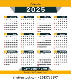 Calendar 2025 vector illustration, Calendar date planner 2025 Editable design.