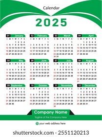 Calendar 2025 vector illustration, Calendar date planner 2025 Editable design. Diary planner 2025.