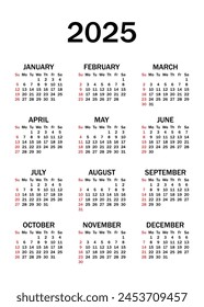 Calendario 2025, Ilustración vectorial. La semana comienza el domingo. Plantilla del calendario anual de 2025. Calendario de negocios en un estilo minimalista.