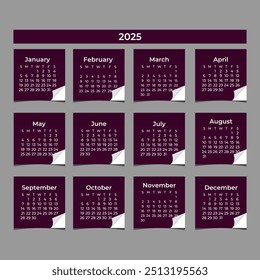 Calendar 2025 - vector illustration. Week starts on Monday