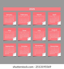 Calendar 2025 - vector illustration. Week starts on Monday
