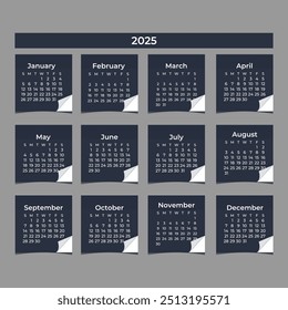 Calendário 2025 - ilustração vetorial. A semana começa na segunda-feira