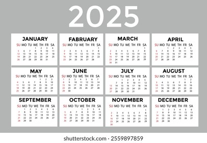 Calendar 2025 - vector illustration. Week starts on Sunday. January, February, March, April, May, June, July, August, September, October, November, December
