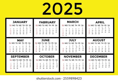 Calendar 2025 - vector illustration. Week starts on Sunday. January, February, March, April, May, June, July, August, September, October, November, December
