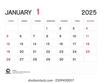 Calendar 2025 Vector- Janaury 2025 year planner template, Desk Calendar 2025 Design, Week Start On Sunday, Planner, Stationery, Printing media, advertisement, business template