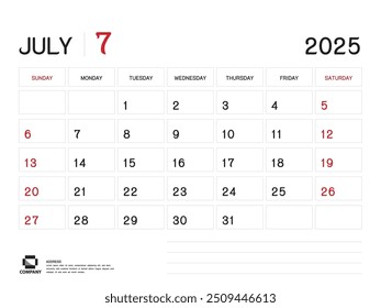 Calendar 2025 Vector- July 2025 year planner template, Desk Calendar 2025 Design, Week Start On Sunday, Planner, Stationery, Printing media, advertisement, business template