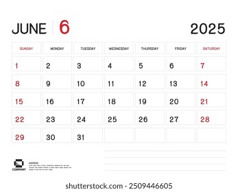 Calendar 2025 Vector- June 2025 year planner template, Desk Calendar 2025 Design, Week Start On Sunday, Planner, Stationery, Printing media, advertisement, business template