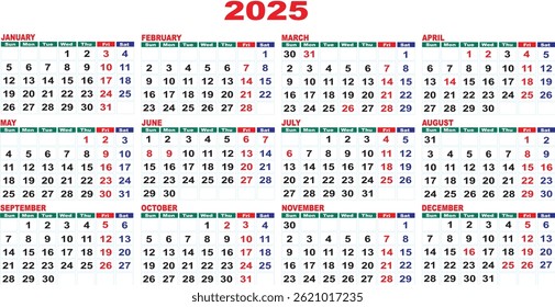 Calendar, 2025 vector calendar layout, minimalist yearly calendar design template for print and digital use - Powered by Shutterstock - Get 15% off with code: PIKWIZARD15