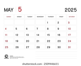 Kalender 2025 Vektor- Mai 2025 Jahr Planer Vorlage, Schreibtisch Kalender 2025 Design, Woche Start Am Sonntag, Planer, Briefpapier, Printmedien, Werbung, Business-Vorlage
